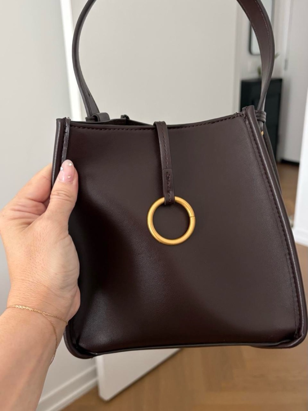 Zara Dark Brown Leather Shoulder Bag with Gold Ring Accent